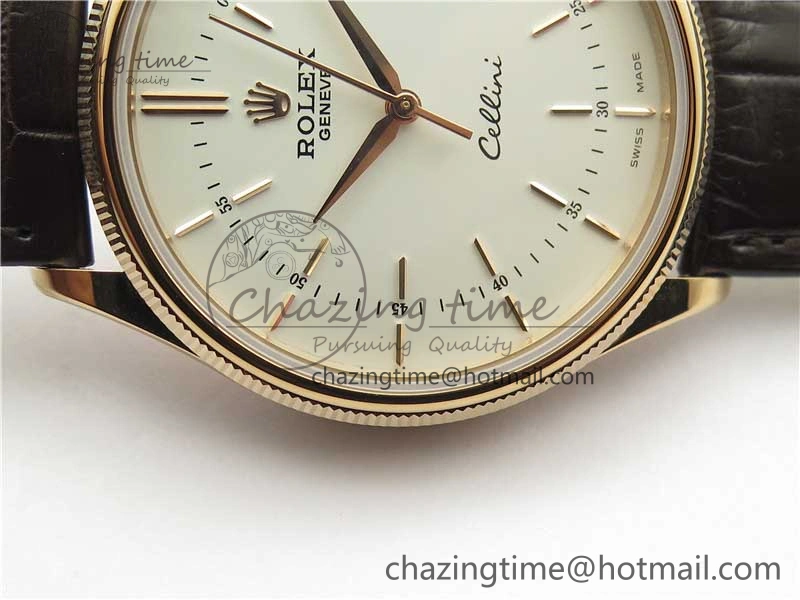 TimelessDesign Cellini RG KZF 1:1 Best Edition White Dial Stick Markers on Brown Leather Strap SA 2779