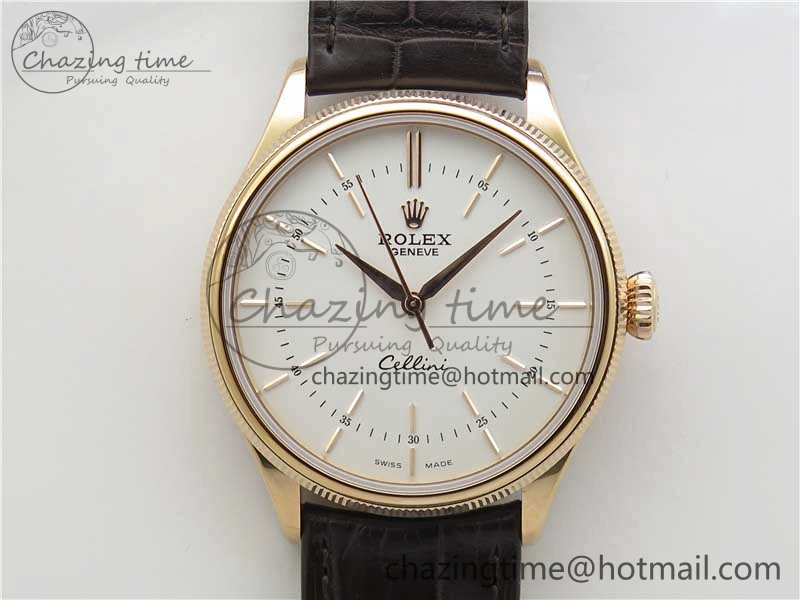 TimelessDesign Cellini RG KZF 1:1 Best Edition White Dial Stick Markers on Brown Leather Strap SA 2779