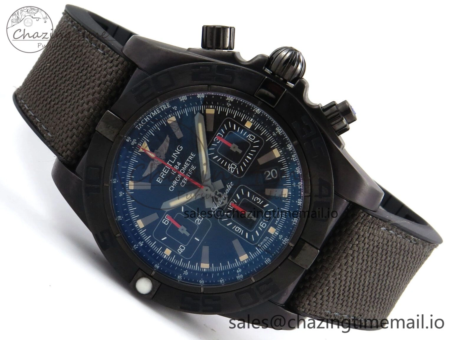 Vibrant Chronomat 44 Blacksteel APSF 1:1 Best Edition Black Dial on Gray Nylon Strap A 5496