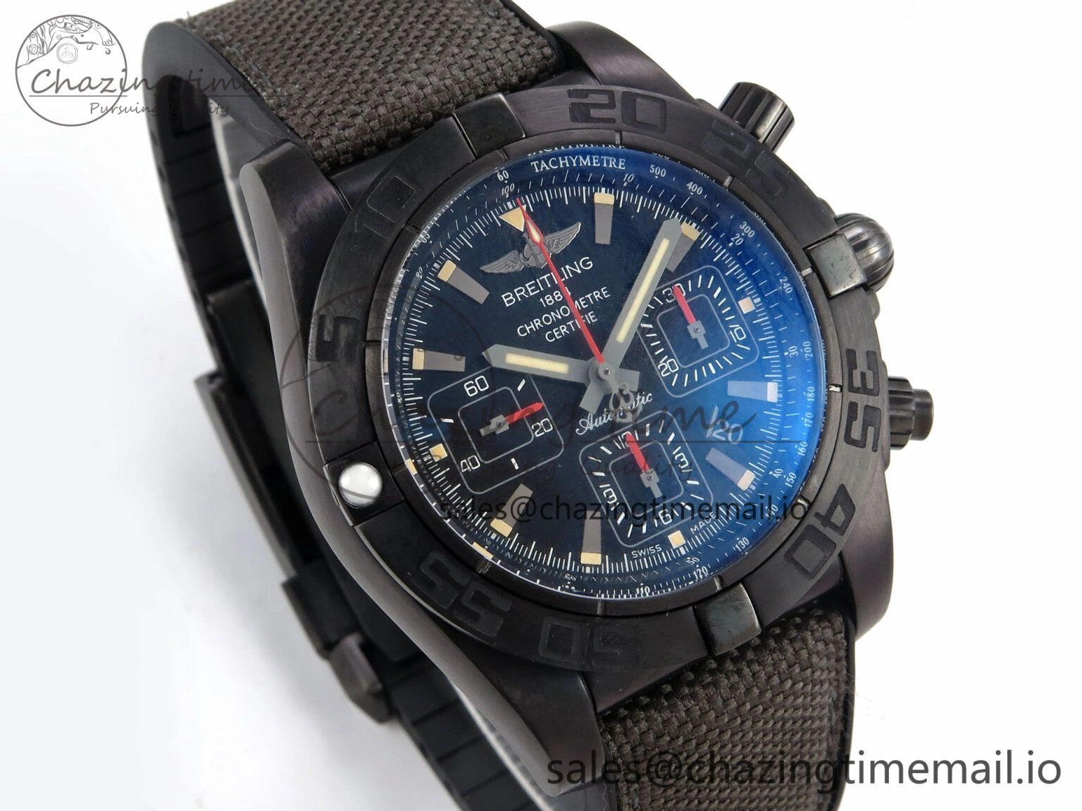 Vibrant Chronomat 44 Blacksteel APSF 1:1 Best Edition Black Dial on Gray Nylon Strap A 5496
