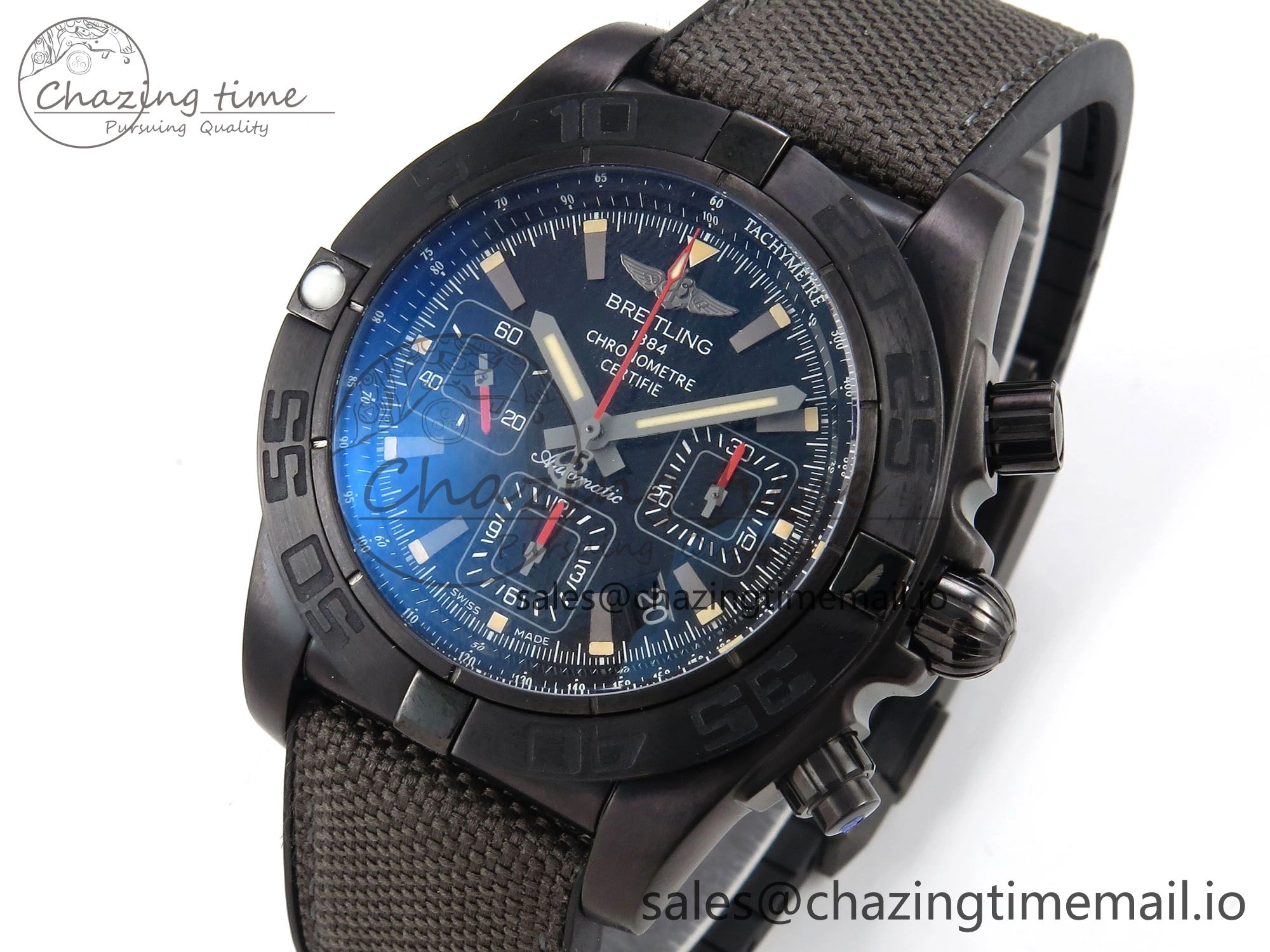 Vibrant Chronomat 44 Blacksteel APSF 1:1 Best Edition Black Dial on Gray Nylon Strap A 5496