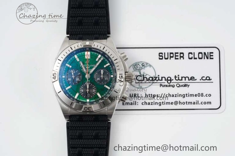 Compact Chronomat B01 42mm SS TF 1:1 Best Edition Green Dial on Black Rubber Strap A 5526