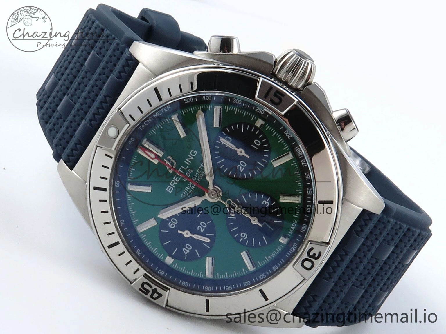 Trendsetting Chronomat B01 42mm SS TF 1:1 Best Edition Green Black Dial on Blue Rouleaux Strap A7750 V 5437