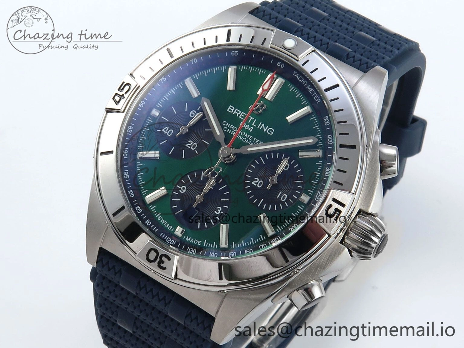 Trendsetting Chronomat B01 42mm SS TF 1:1 Best Edition Green Black Dial on Blue Rouleaux Strap A7750 V 5437