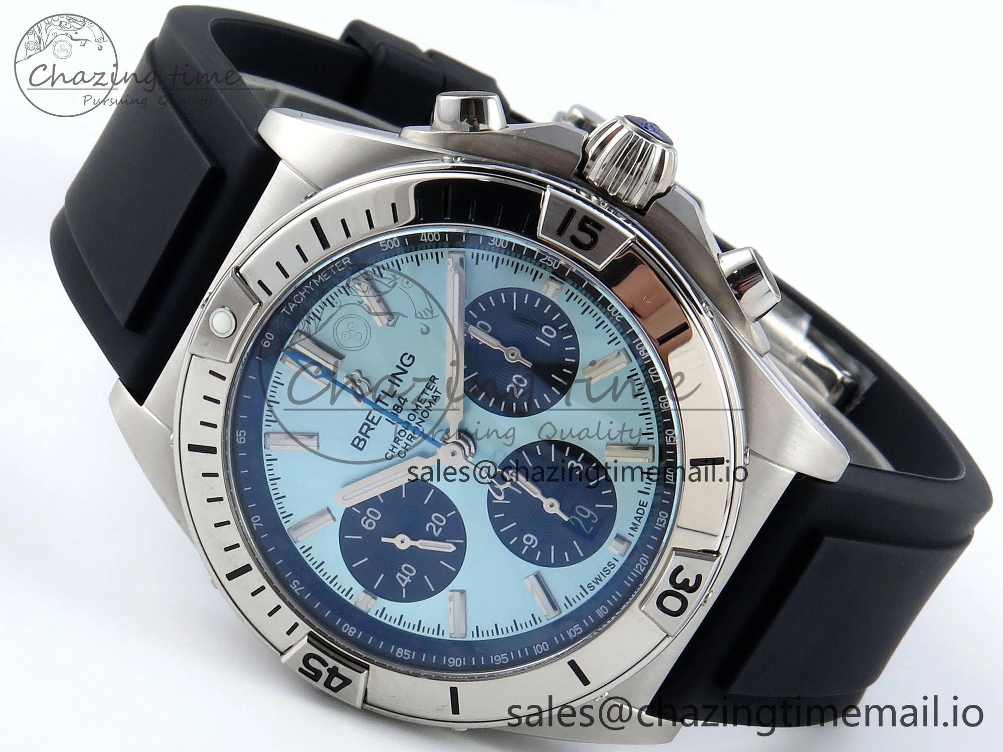 Chronomat B01 42mm SS TF 1:1 Best Edition Ice Blue Dial on Black Rubber Strap A7750 V Affordable 5449