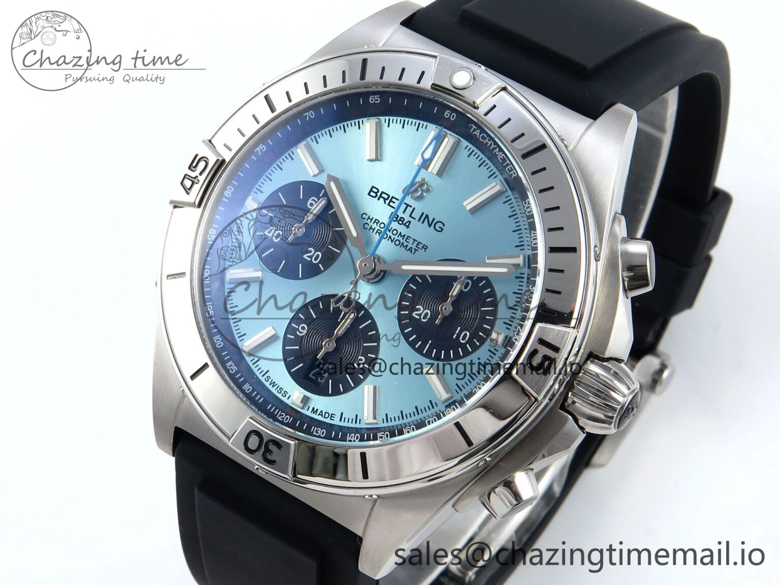 Chronomat B01 42mm SS TF 1:1 Best Edition Ice Blue Dial on Black Rubber Strap A7750 V Affordable 5449
