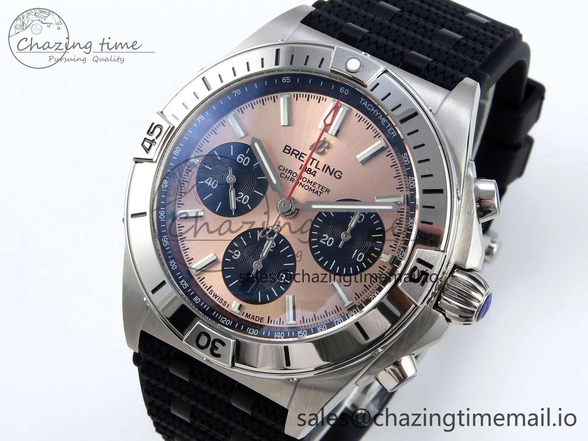 TravelReady Chronomat B01 42mm SS TF 1:1 Best Edition RG Black Dial on Black Rouleaux Strap A7750 V 5442