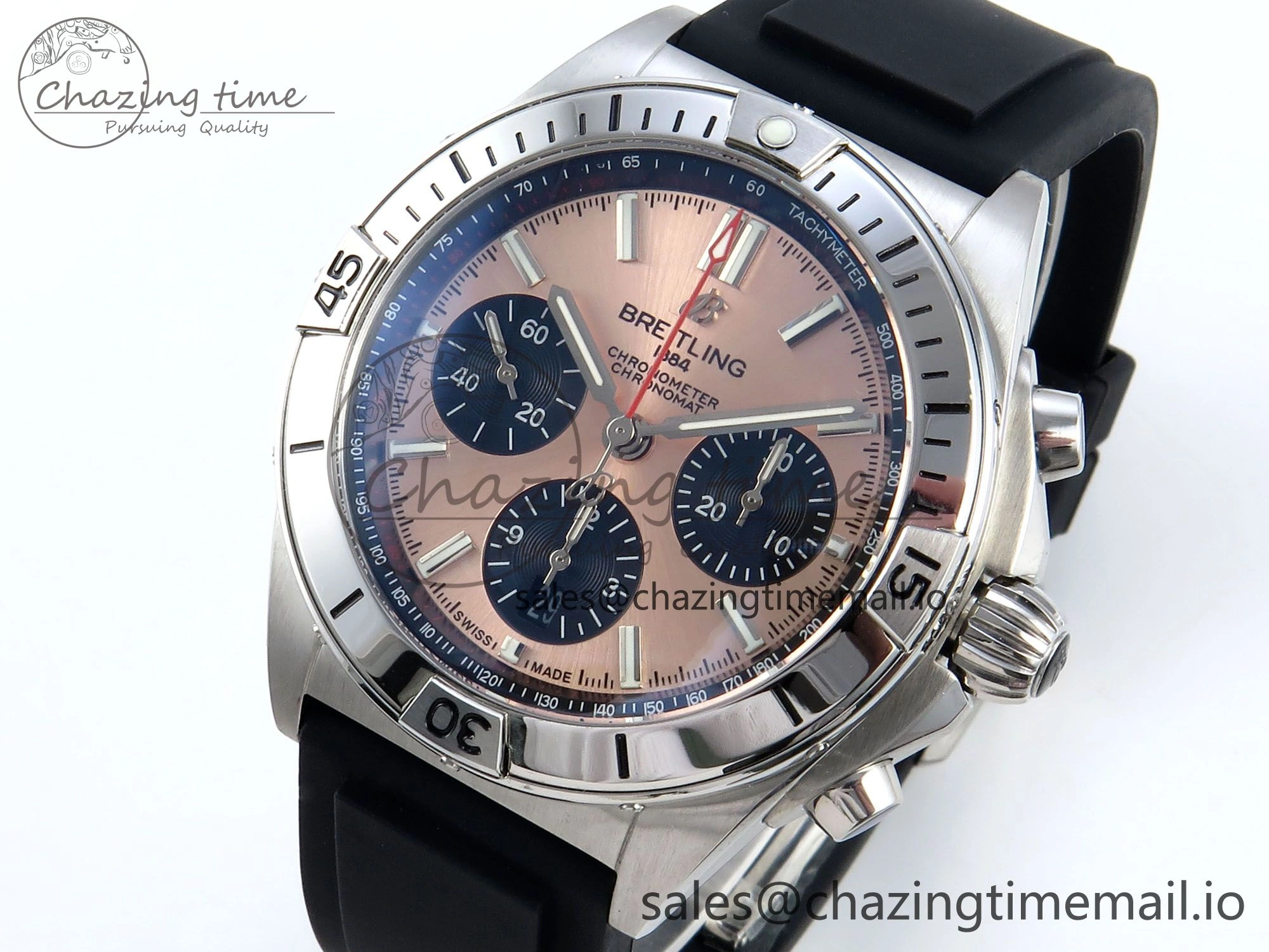 FreshLook Chronomat B01 42mm SS TF 1:1 Best Edition RG Black Dial on Black Rubber Strap A7750 V 5446