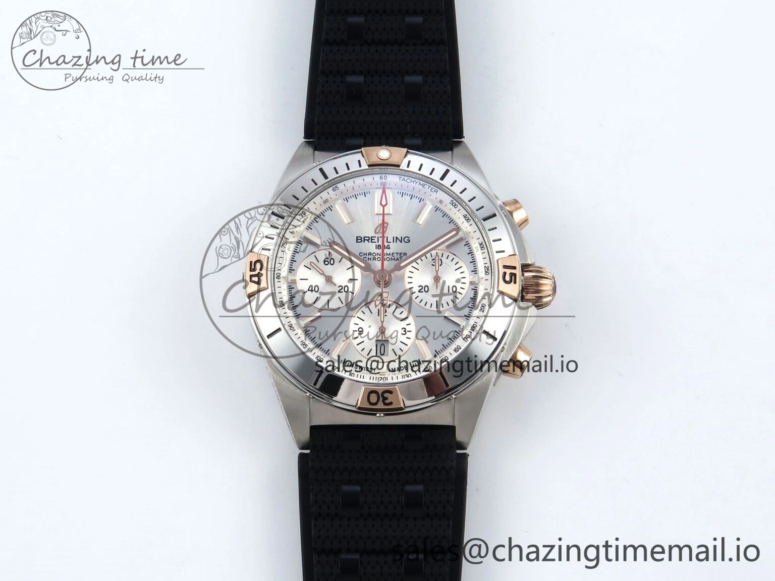 Chronomat B01 42mm SS TF 1:1 Best Edition Silver Dial on Black Rouleaux Strap A7750 V TechFriendly 5441