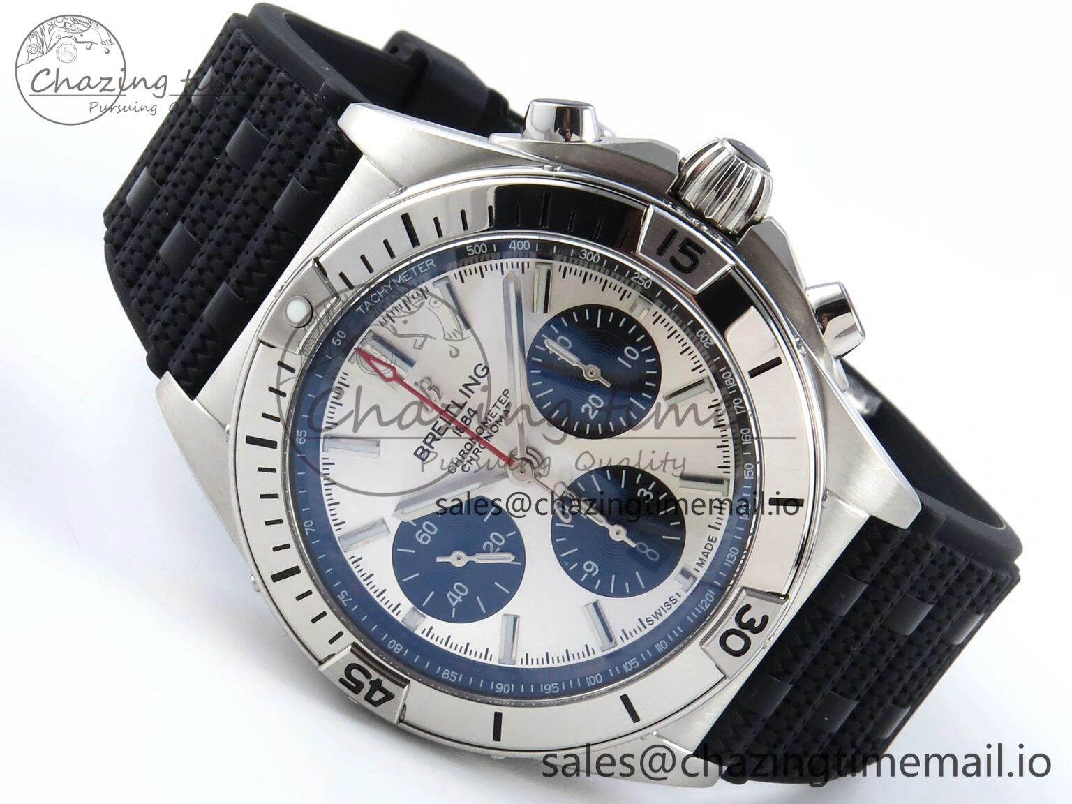 Reliable Chronomat B01 42mm SS TF 1:1 Best Edition Silver Black Dial on Black Rouleaux Strap A7750 V 5438