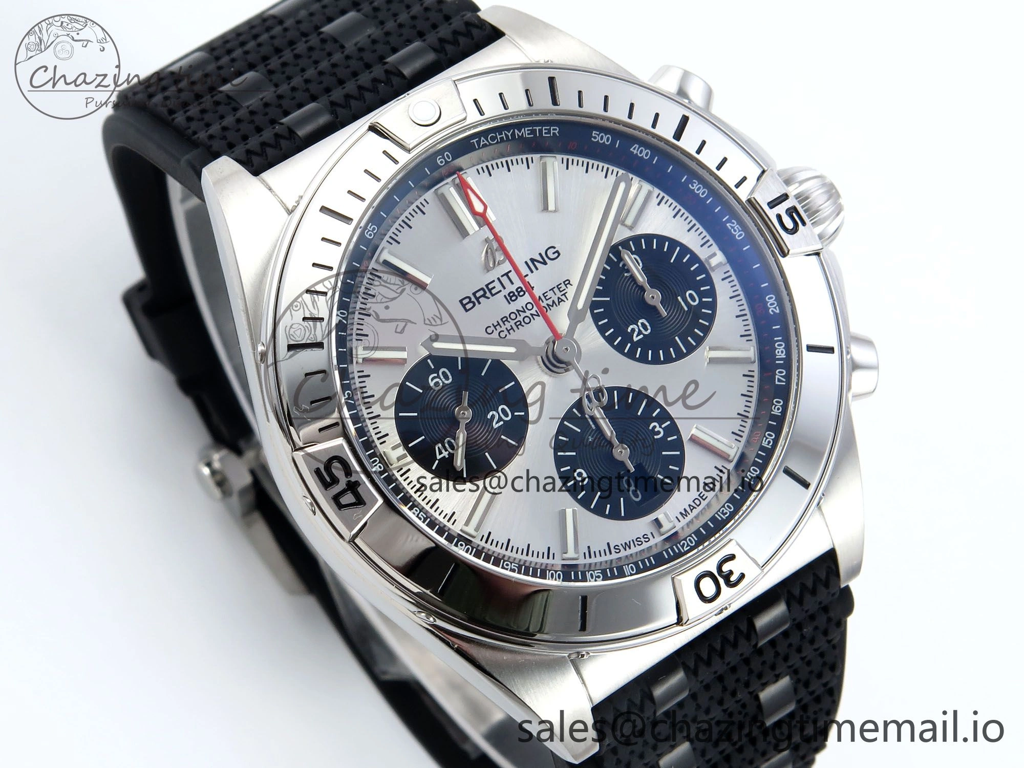 Reliable Chronomat B01 42mm SS TF 1:1 Best Edition Silver Black Dial on Black Rouleaux Strap A7750 V 5438
