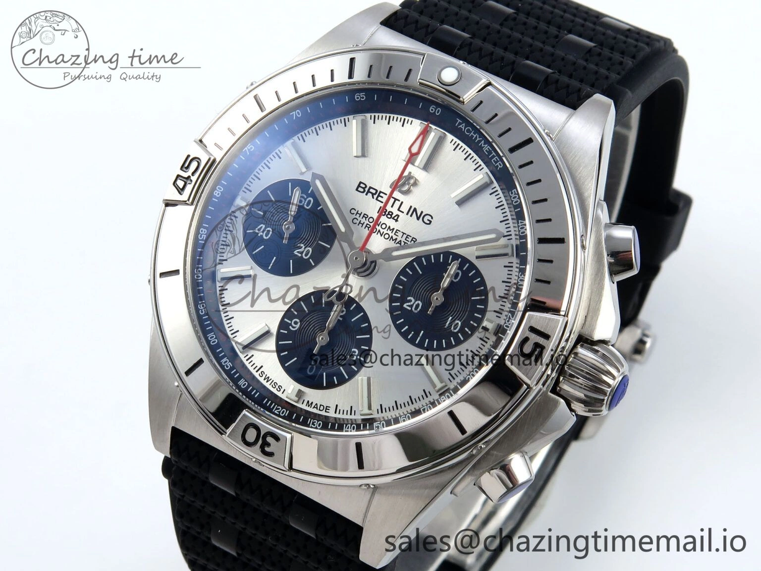 Reliable Chronomat B01 42mm SS TF 1:1 Best Edition Silver Black Dial on Black Rouleaux Strap A7750 V 5438