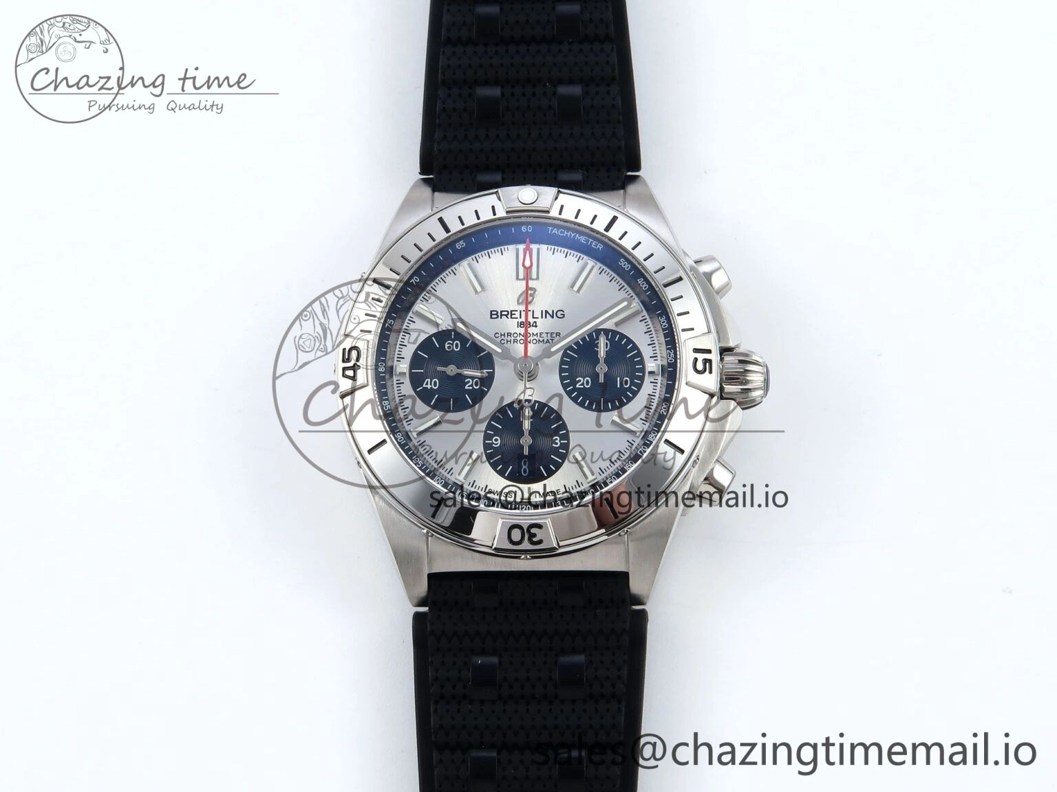 Reliable Chronomat B01 42mm SS TF 1:1 Best Edition Silver Black Dial on Black Rouleaux Strap A7750 V 5438