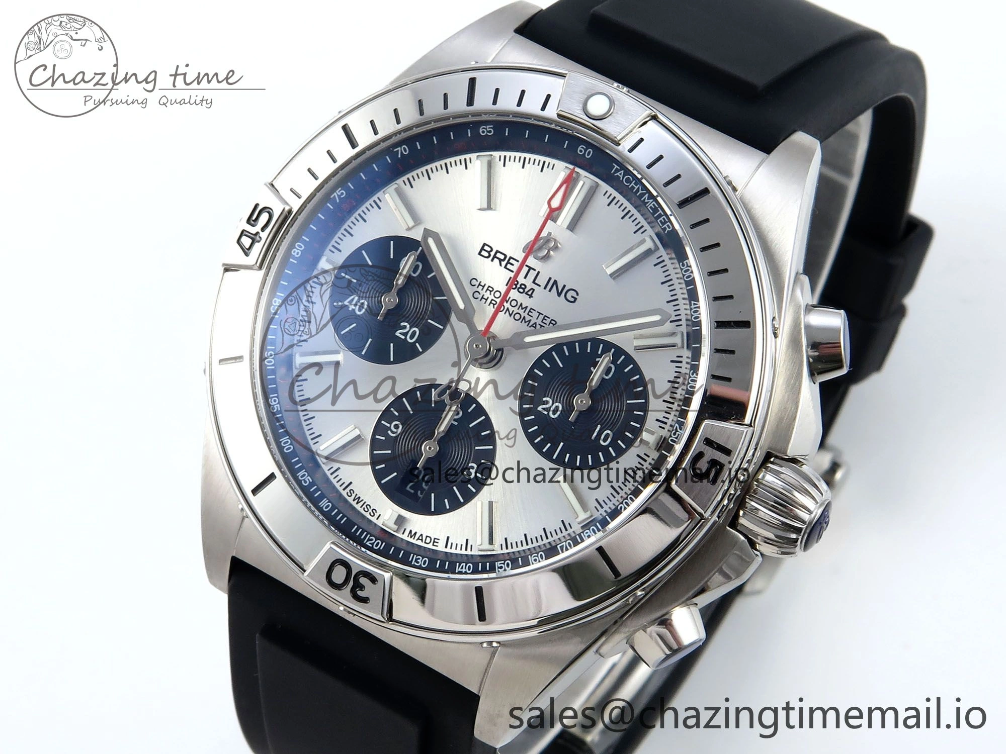 Chronomat B01 42mm SS TF 1:1 Best Edition Silver Black Dial on Black Rubber Strap A7750 V OdorResistant 5447