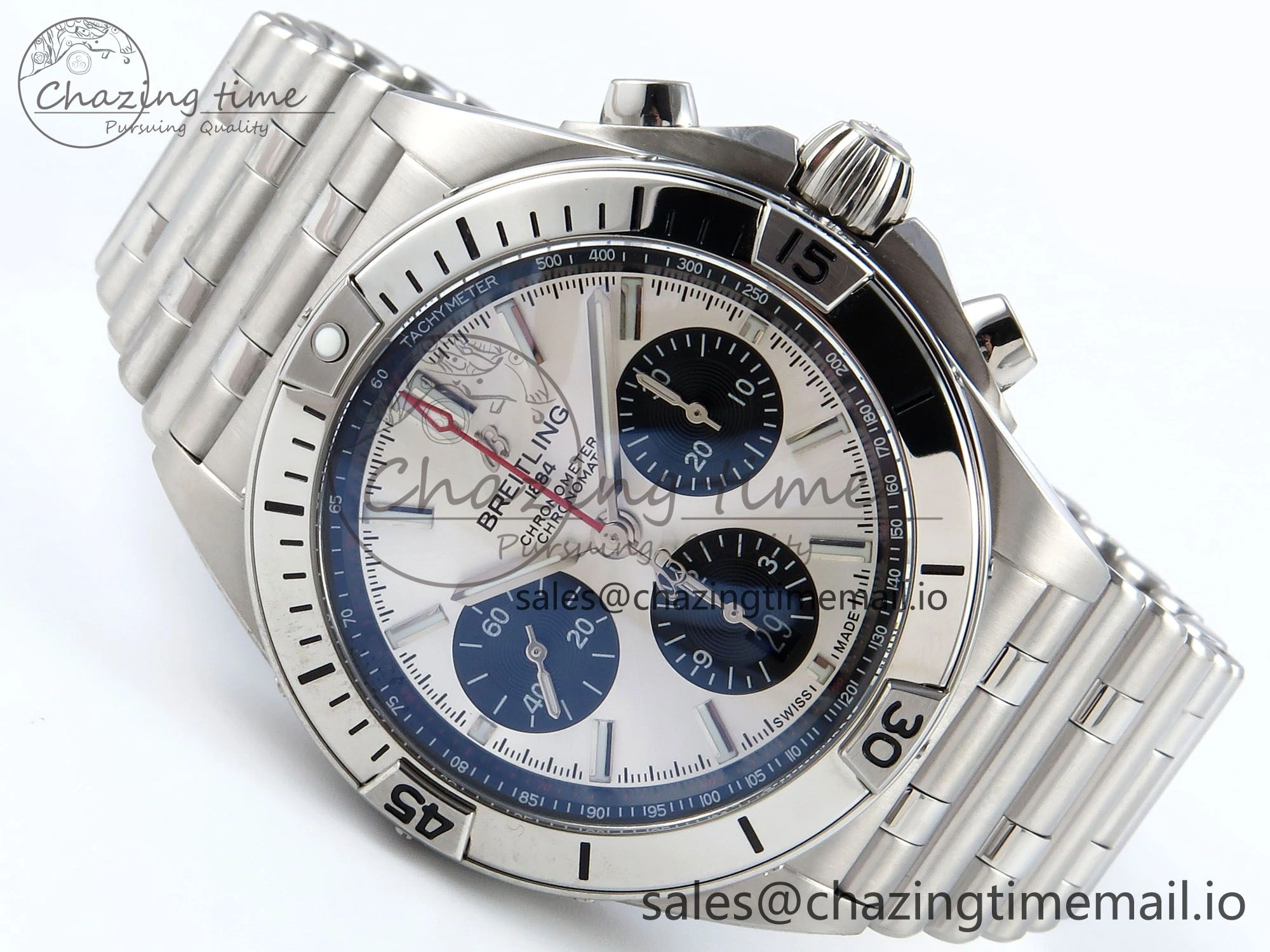 Breathable Chronomat B01 42mm SS TF 1:1 Best Edition Silver Black Dial on SS Bracelet A7750 V 5465