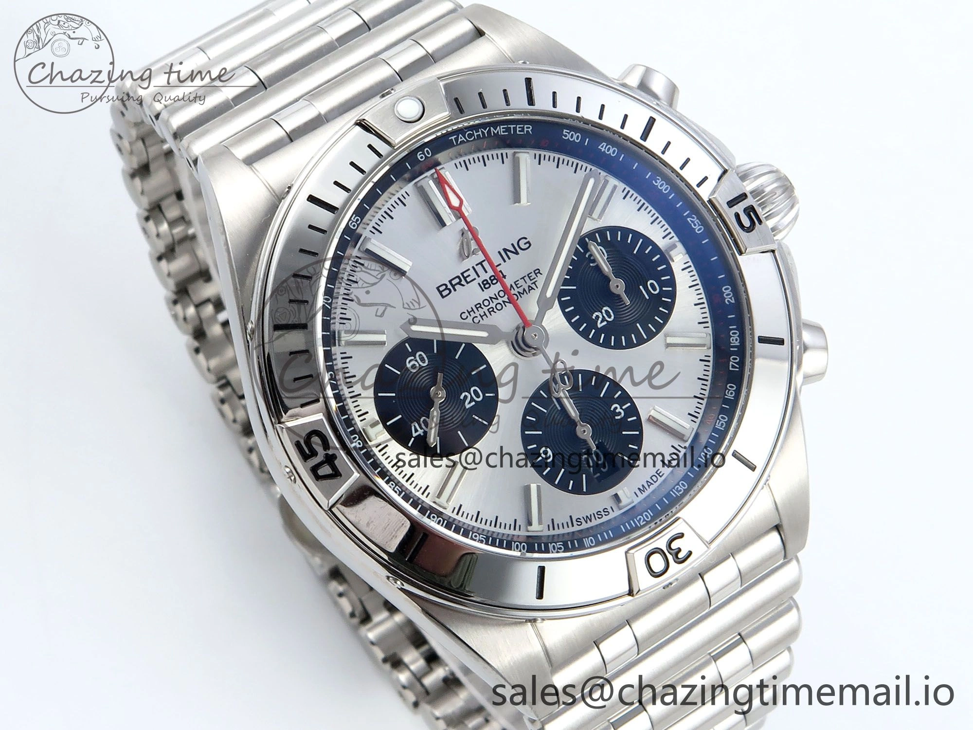 Breathable Chronomat B01 42mm SS TF 1:1 Best Edition Silver Black Dial on SS Bracelet A7750 V 5465