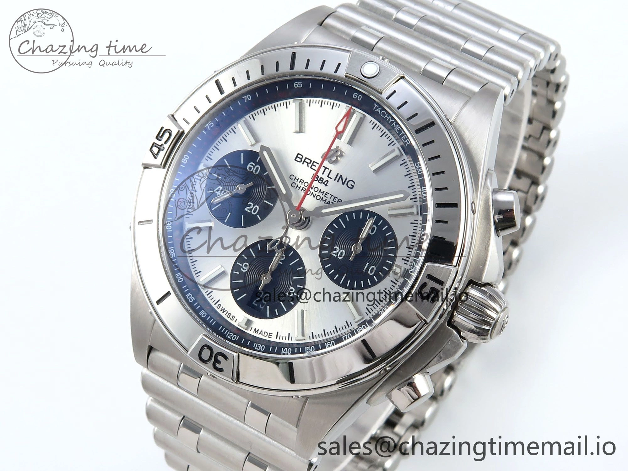 Breathable Chronomat B01 42mm SS TF 1:1 Best Edition Silver Black Dial on SS Bracelet A7750 V 5465