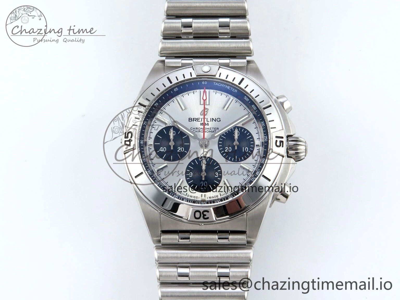 Breathable Chronomat B01 42mm SS TF 1:1 Best Edition Silver Black Dial on SS Bracelet A7750 V 5465
