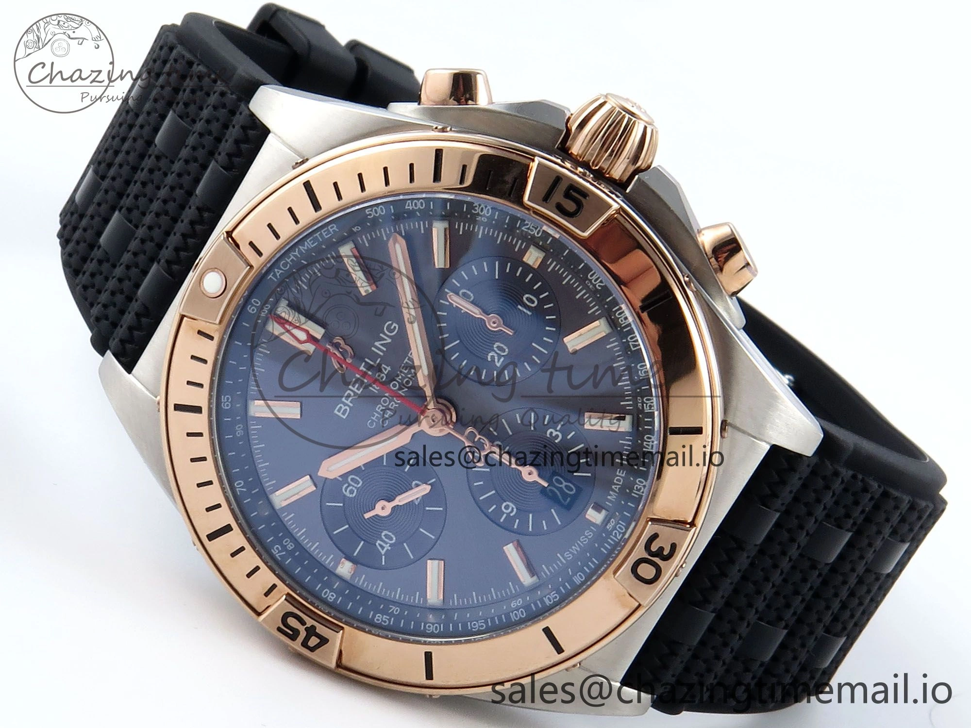 WellDesigned Chronomat B01 42mm SS RG TF 1:1 Best Edition Blue Dial on Black Rouleaux Strap A7750 V 5445