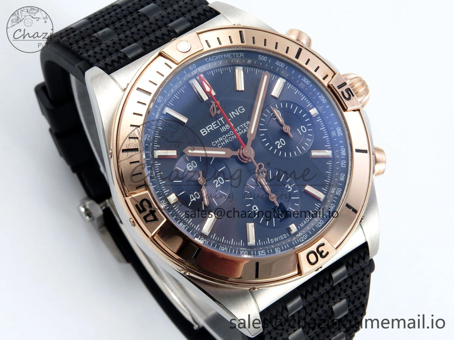 WellDesigned Chronomat B01 42mm SS RG TF 1:1 Best Edition Blue Dial on Black Rouleaux Strap A7750 V 5445