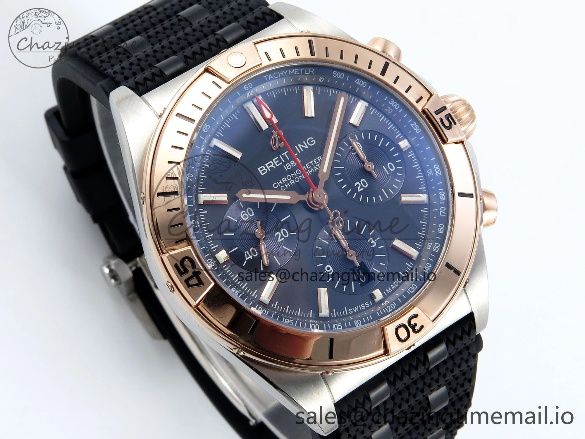 WellDesigned Chronomat B01 42mm SS RG TF 1:1 Best Edition Blue Dial on Black Rouleaux Strap A7750 V 5445