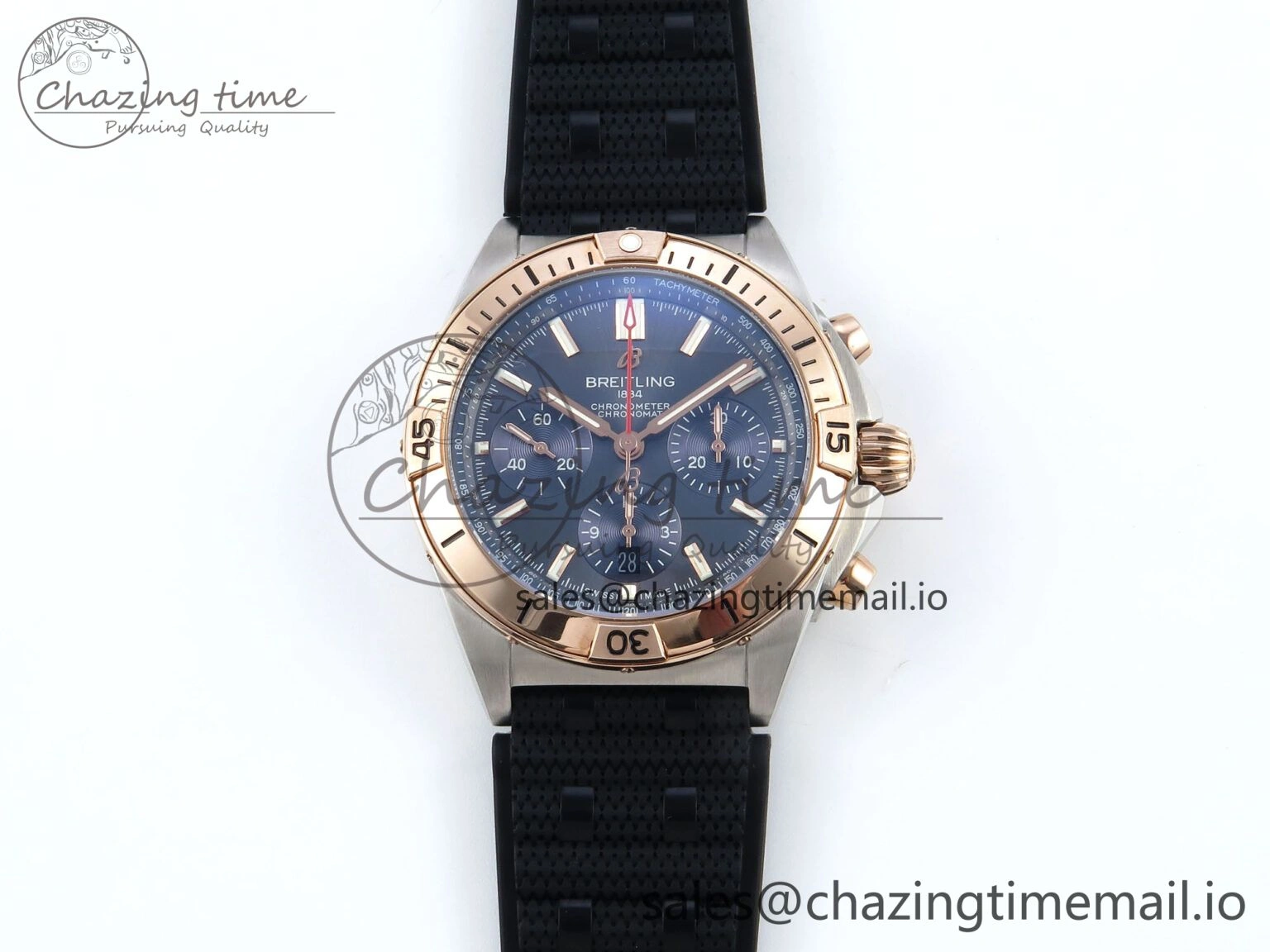 WellDesigned Chronomat B01 42mm SS RG TF 1:1 Best Edition Blue Dial on Black Rouleaux Strap A7750 V 5445