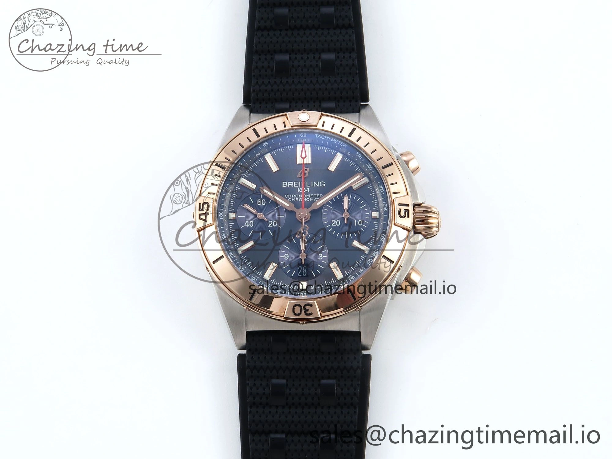 WellDesigned Chronomat B01 42mm SS RG TF 1:1 Best Edition Blue Dial on Black Rouleaux Strap A7750 V 5445