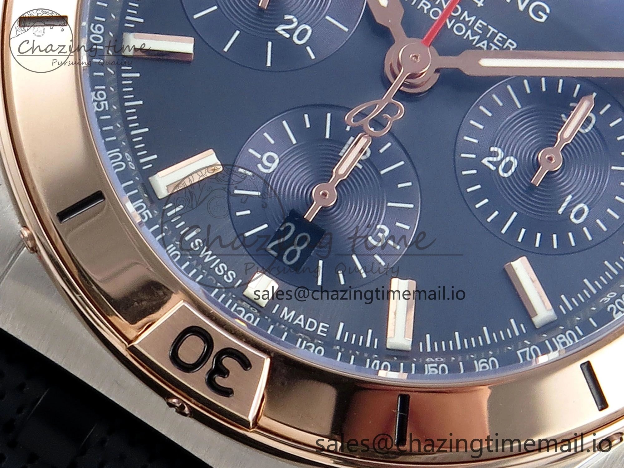 WellDesigned Chronomat B01 42mm SS RG TF 1:1 Best Edition Blue Dial on Black Rouleaux Strap A7750 V 5445