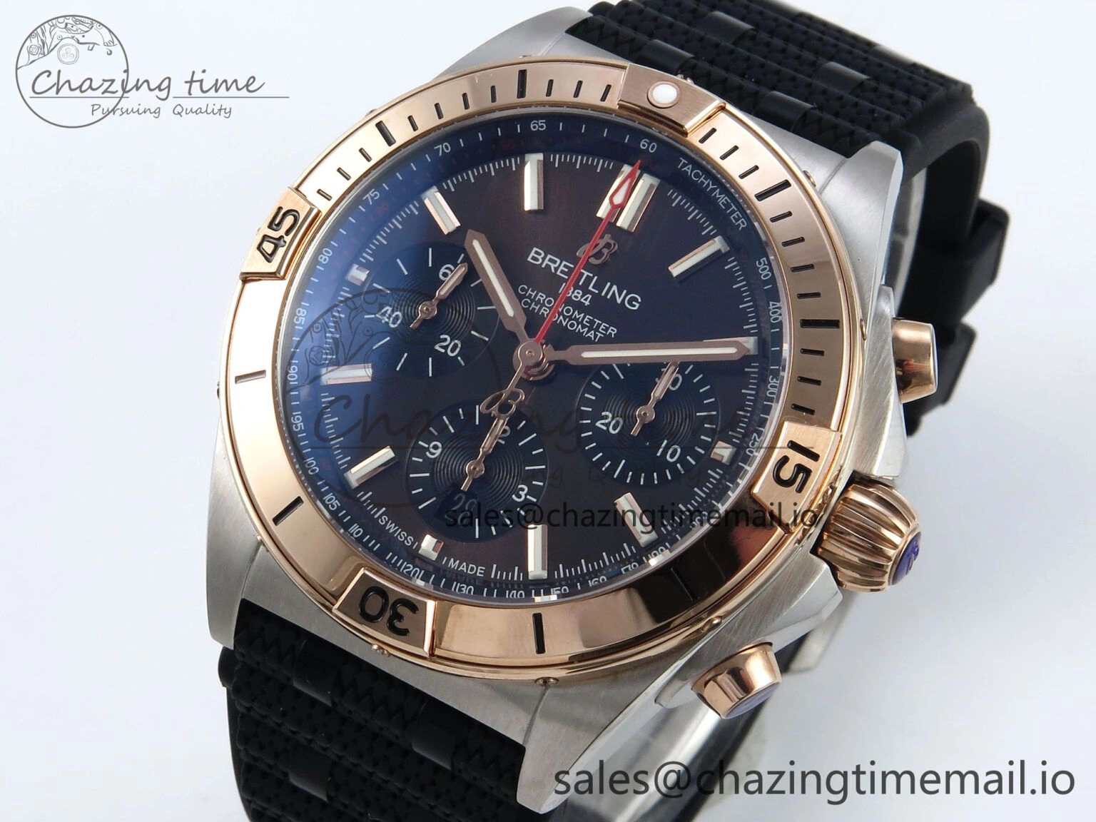 Sophisticated Chronomat B01 42mm SS RG TF 1:1 Best Edition Brown Dial on Black Rouleaux Strap A7750 V 5443