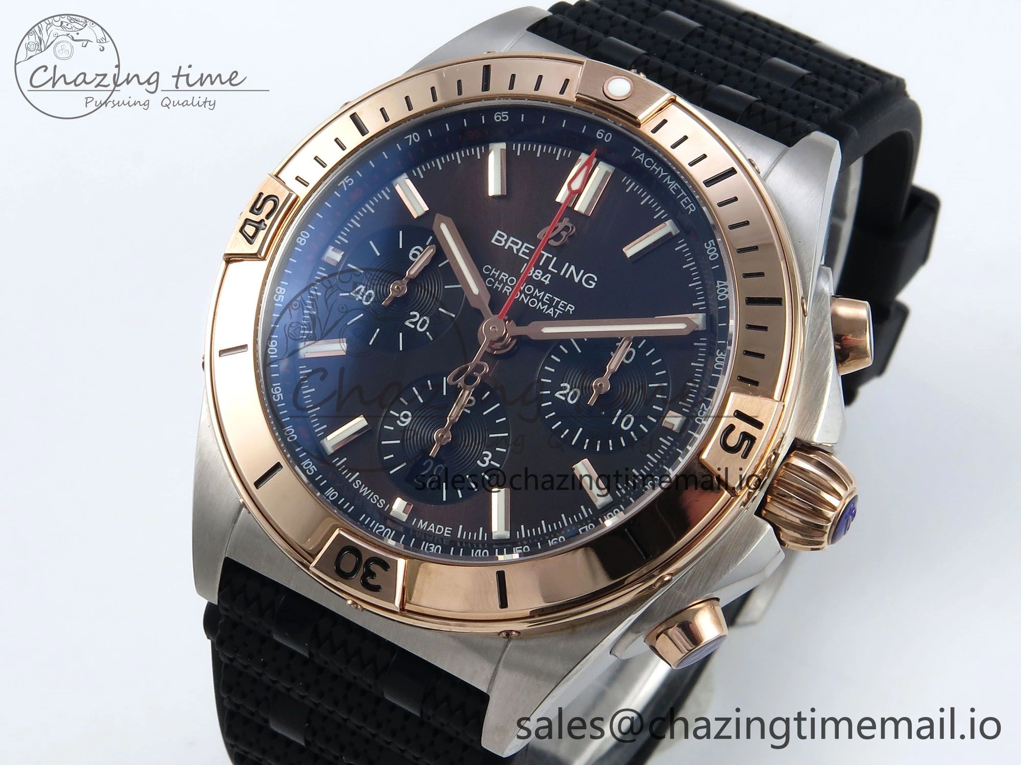 Sophisticated Chronomat B01 42mm SS RG TF 1:1 Best Edition Brown Dial on Black Rouleaux Strap A7750 V 5443