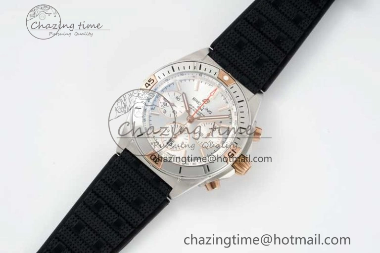Chronomat B01 42mm SS RG TF 1:1 Best Edition Silver Dial on Black Rubber Strap A SmoothTexture 5536