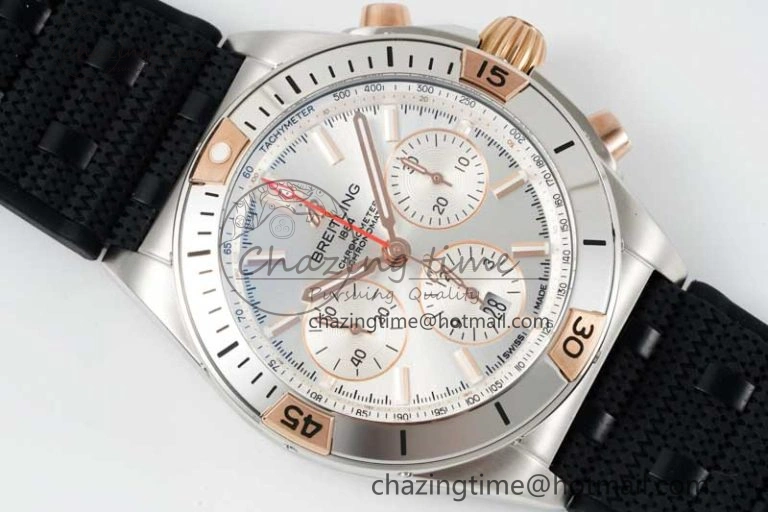 Chronomat B01 42mm SS RG TF 1:1 Best Edition Silver Dial on Black Rubber Strap A SmoothTexture 5536