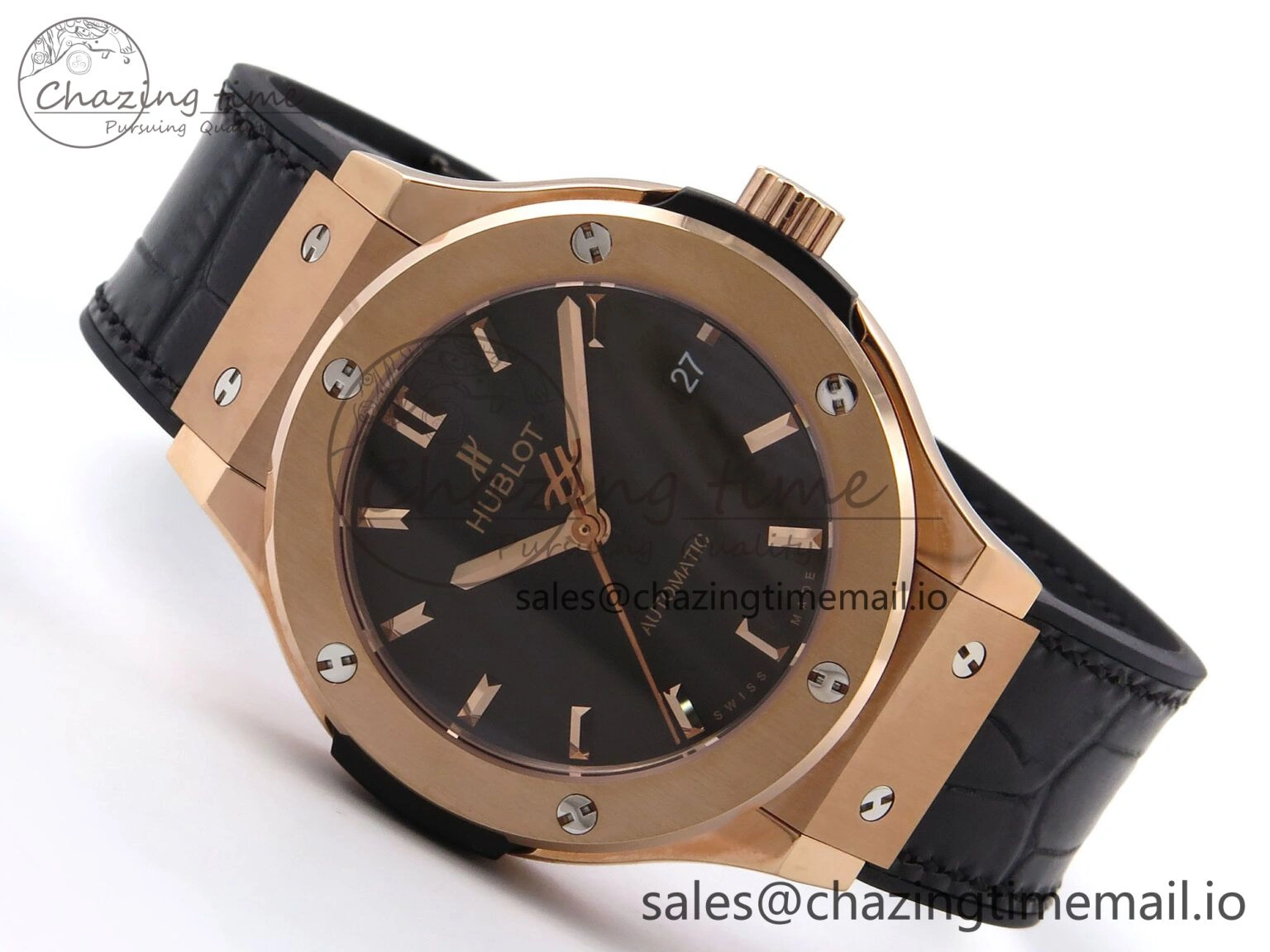 Fusion 38mm RG JJF 1:1 Best Edition Black Dial on Black Gummy Leather Strap TopPick 6709
