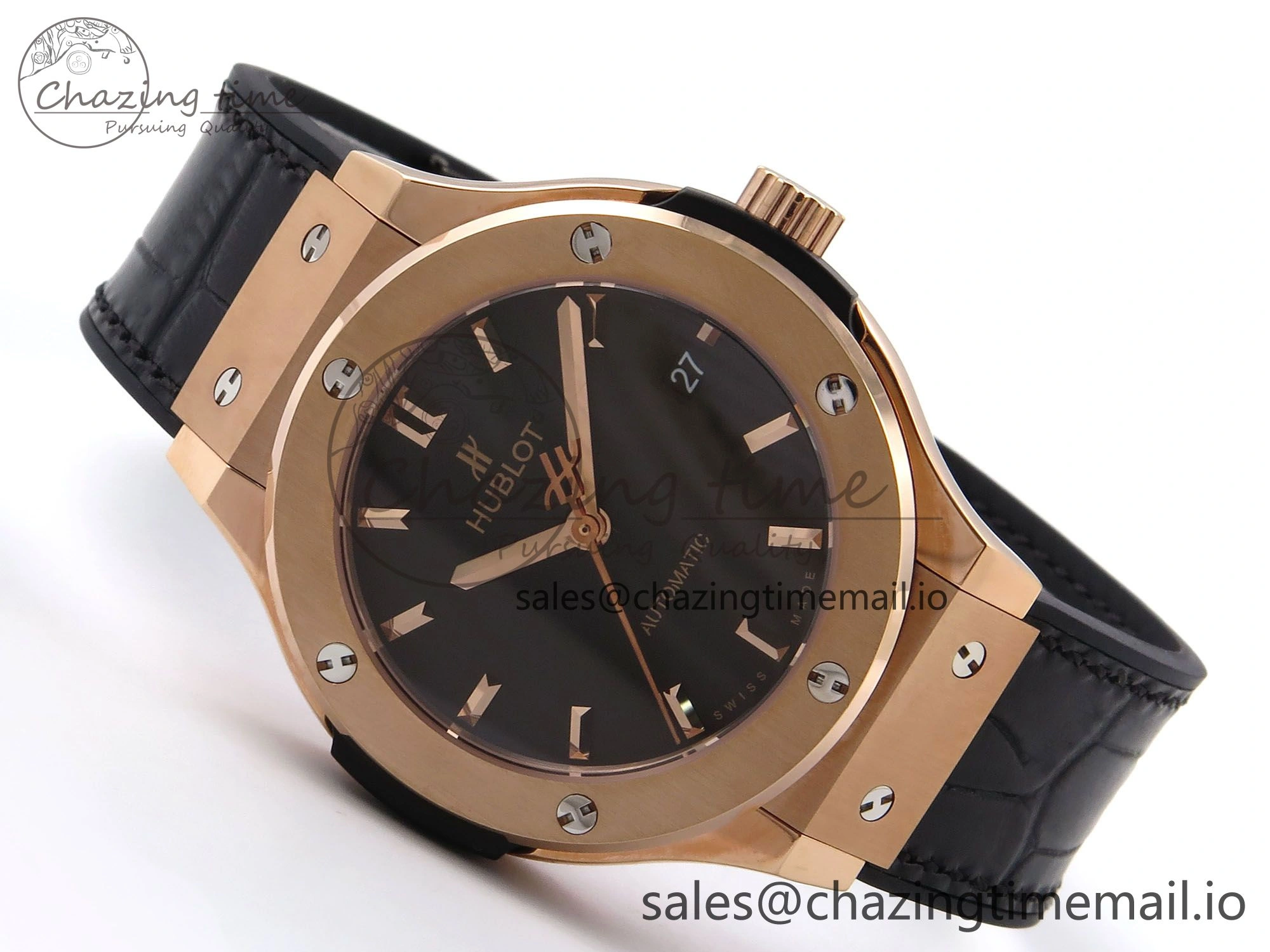 Fusion 38mm RG JJF 1:1 Best Edition Black Dial on Black Gummy Leather Strap TopPick 6709