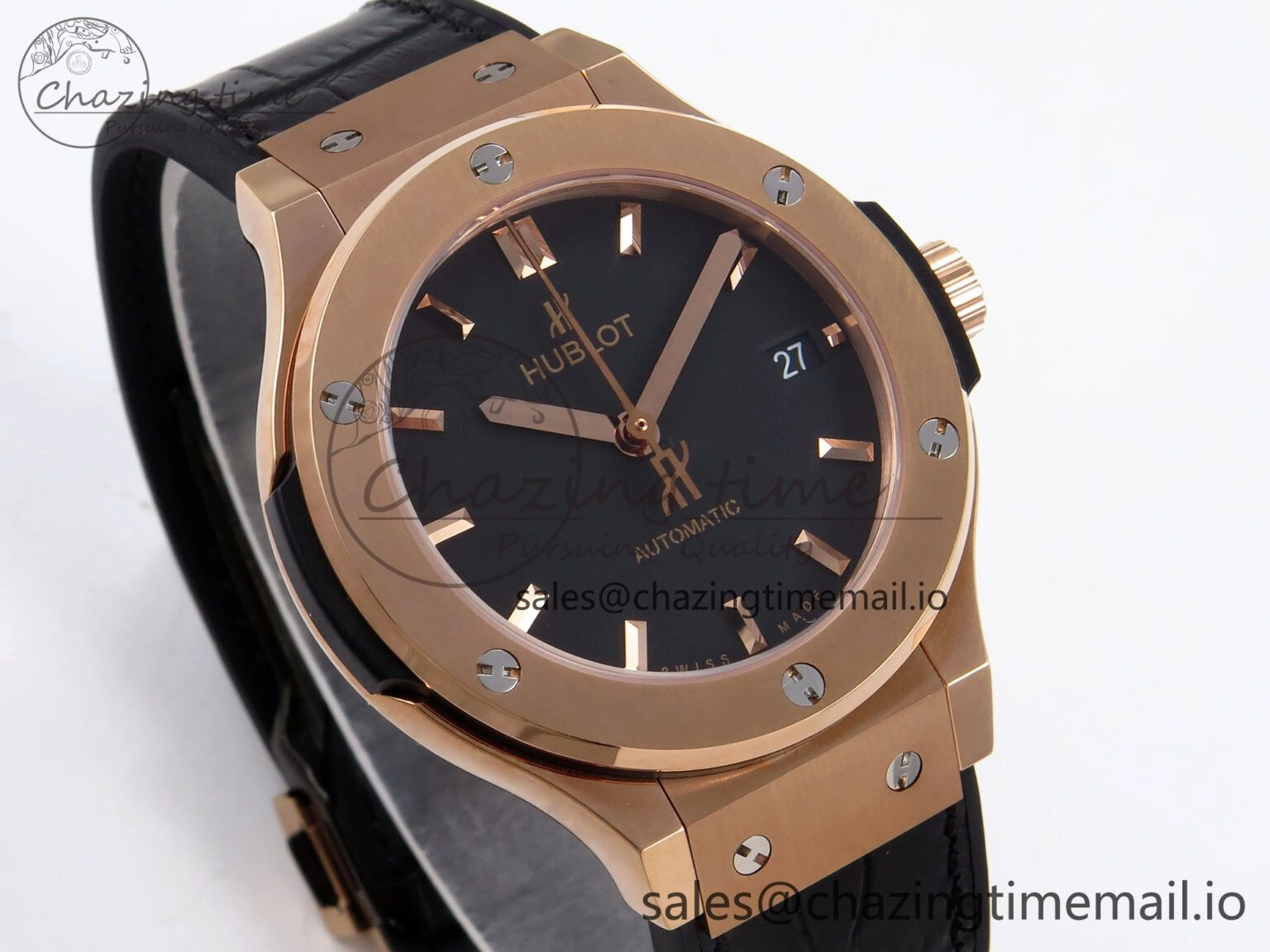 Fusion 38mm RG JJF 1:1 Best Edition Black Dial on Black Gummy Leather Strap TopPick 6709