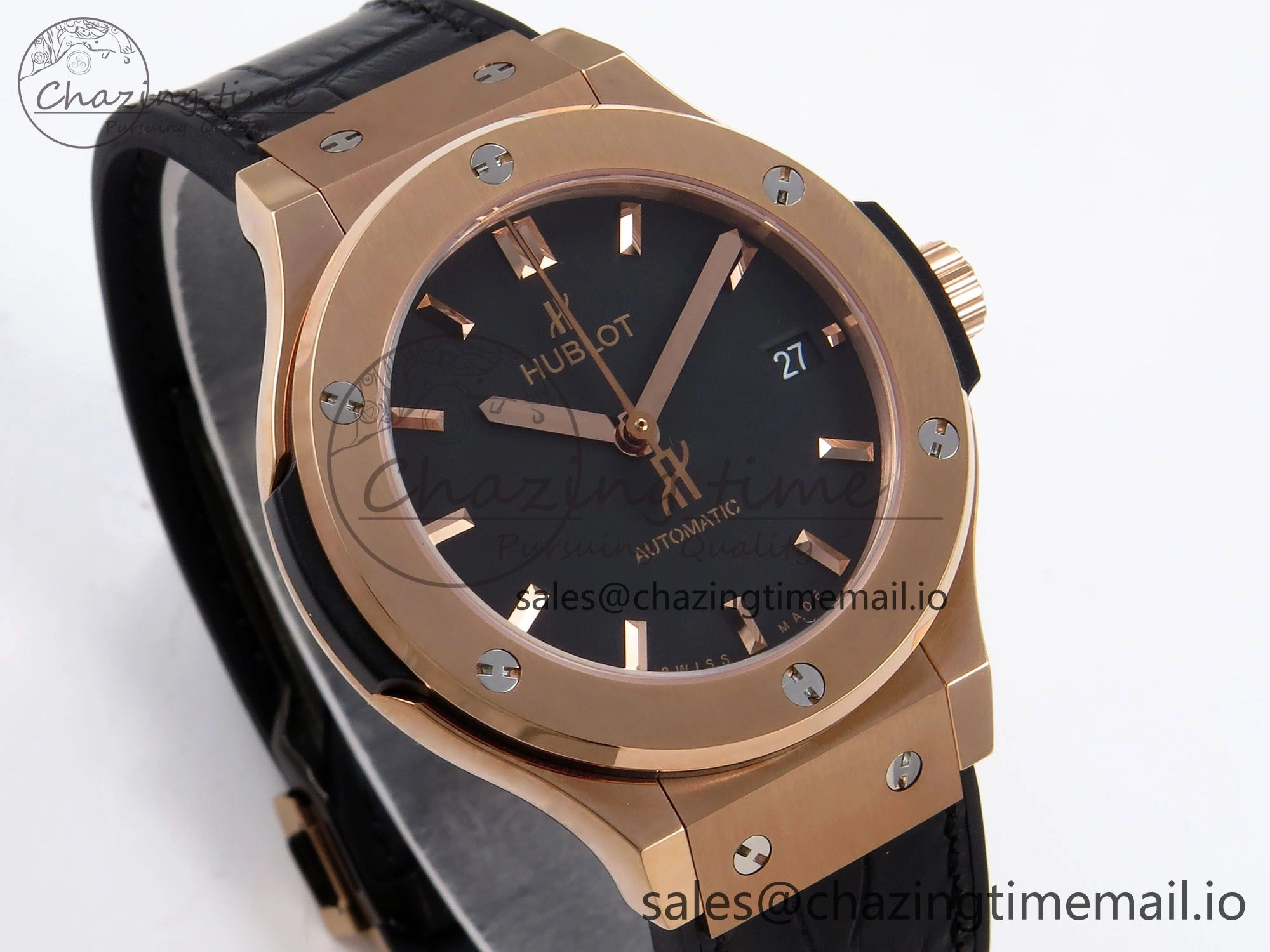 Fusion 38mm RG JJF 1:1 Best Edition Black Dial on Black Gummy Leather Strap TopPick 6709