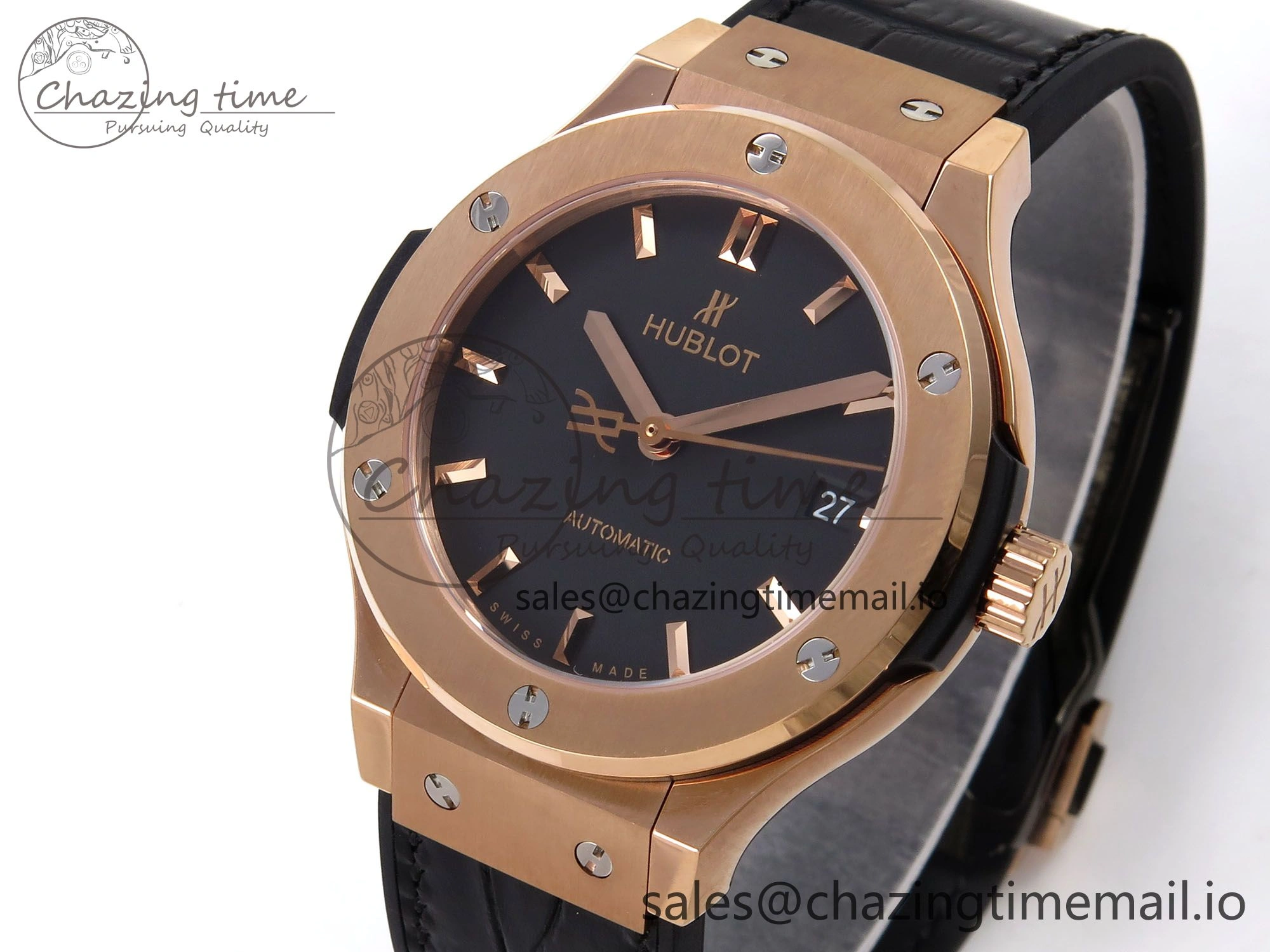 Fusion 38mm RG JJF 1:1 Best Edition Black Dial on Black Gummy Leather Strap TopPick 6709