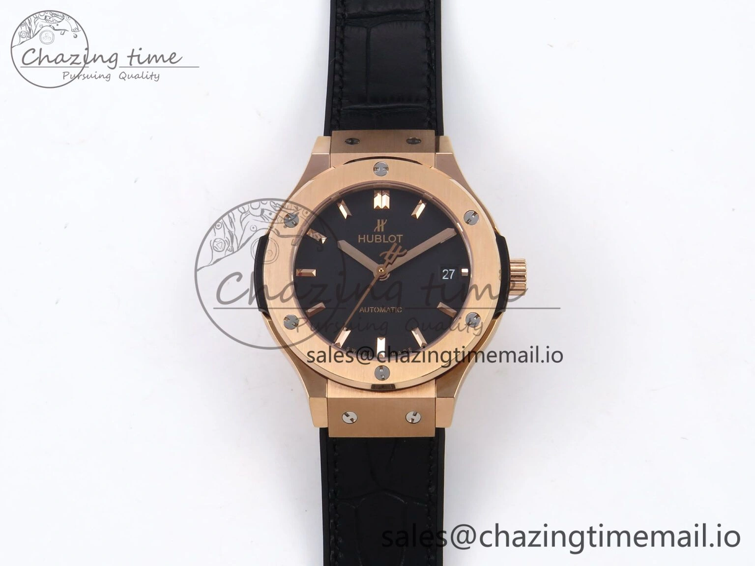 Fusion 38mm RG JJF 1:1 Best Edition Black Dial on Black Gummy Leather Strap TopPick 6709