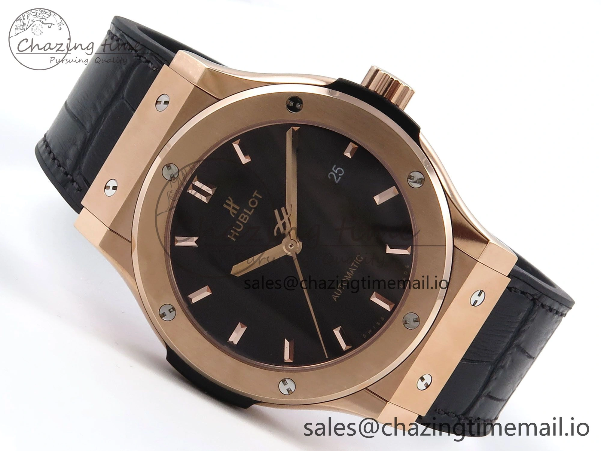 OnTrend Fusion 42mm RG JJF 1:1 Best Edition Black Dial on Black Gummy Leather Strap 6703