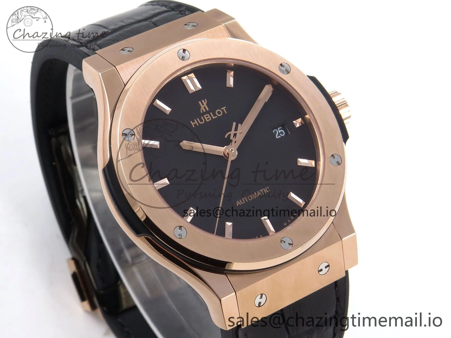 OnTrend Fusion 42mm RG JJF 1:1 Best Edition Black Dial on Black Gummy Leather Strap 6703