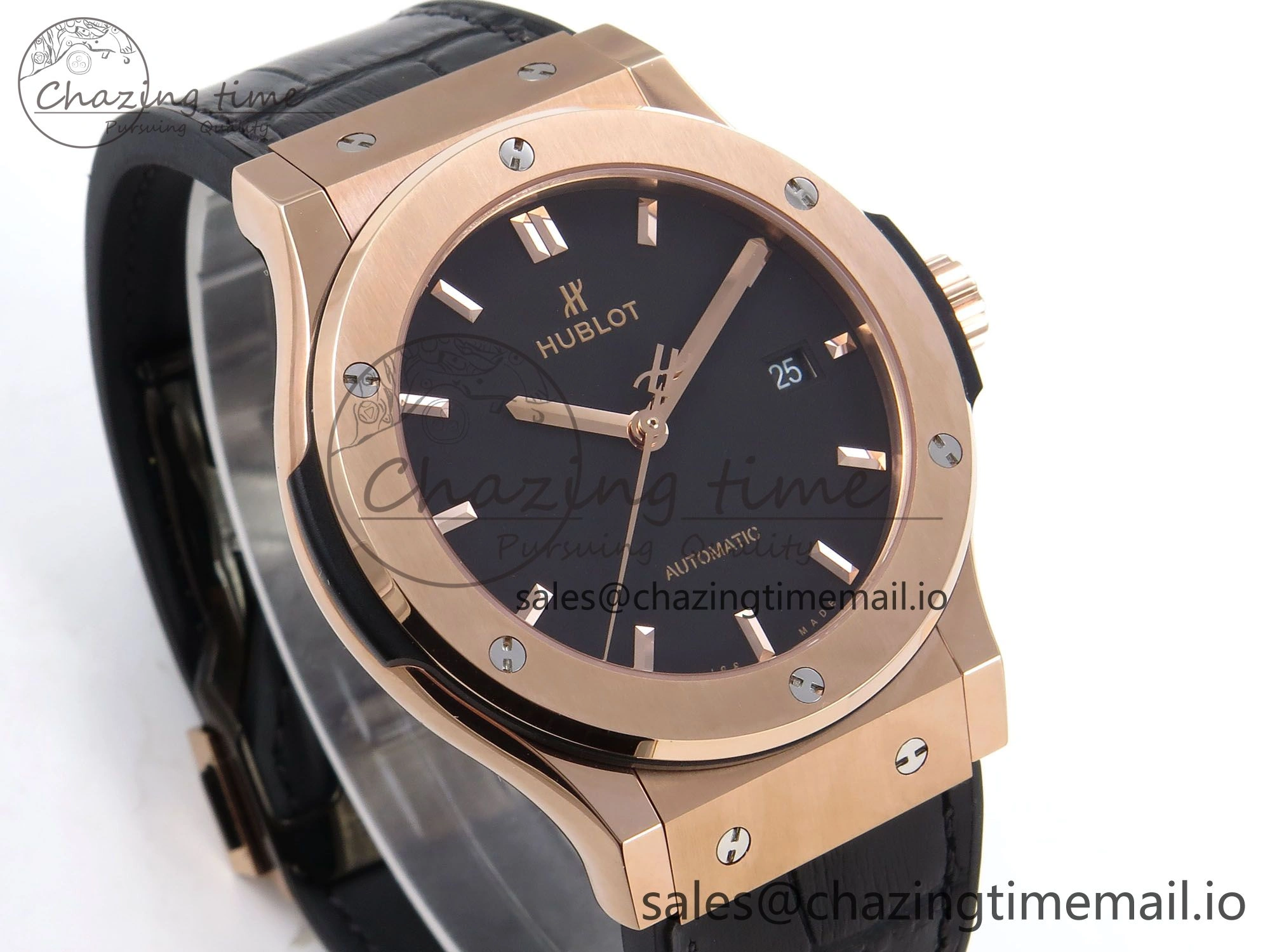 OnTrend Fusion 42mm RG JJF 1:1 Best Edition Black Dial on Black Gummy Leather Strap 6703
