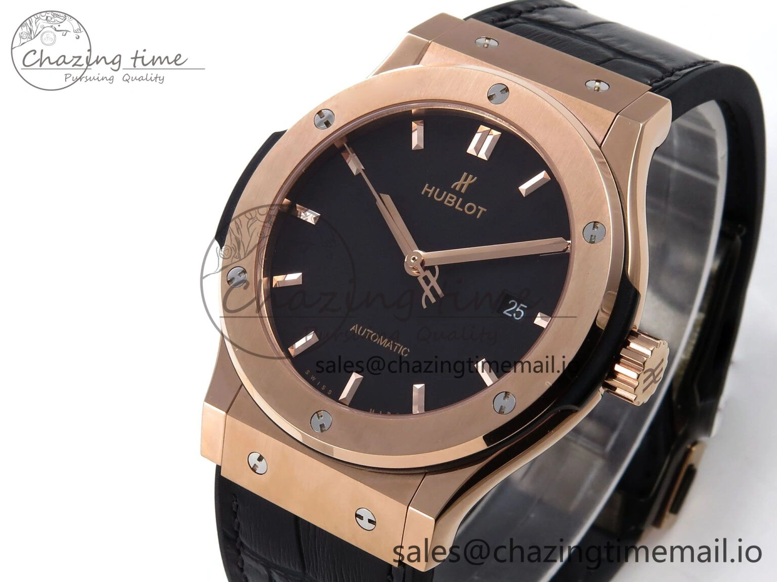 OnTrend Fusion 42mm RG JJF 1:1 Best Edition Black Dial on Black Gummy Leather Strap 6703