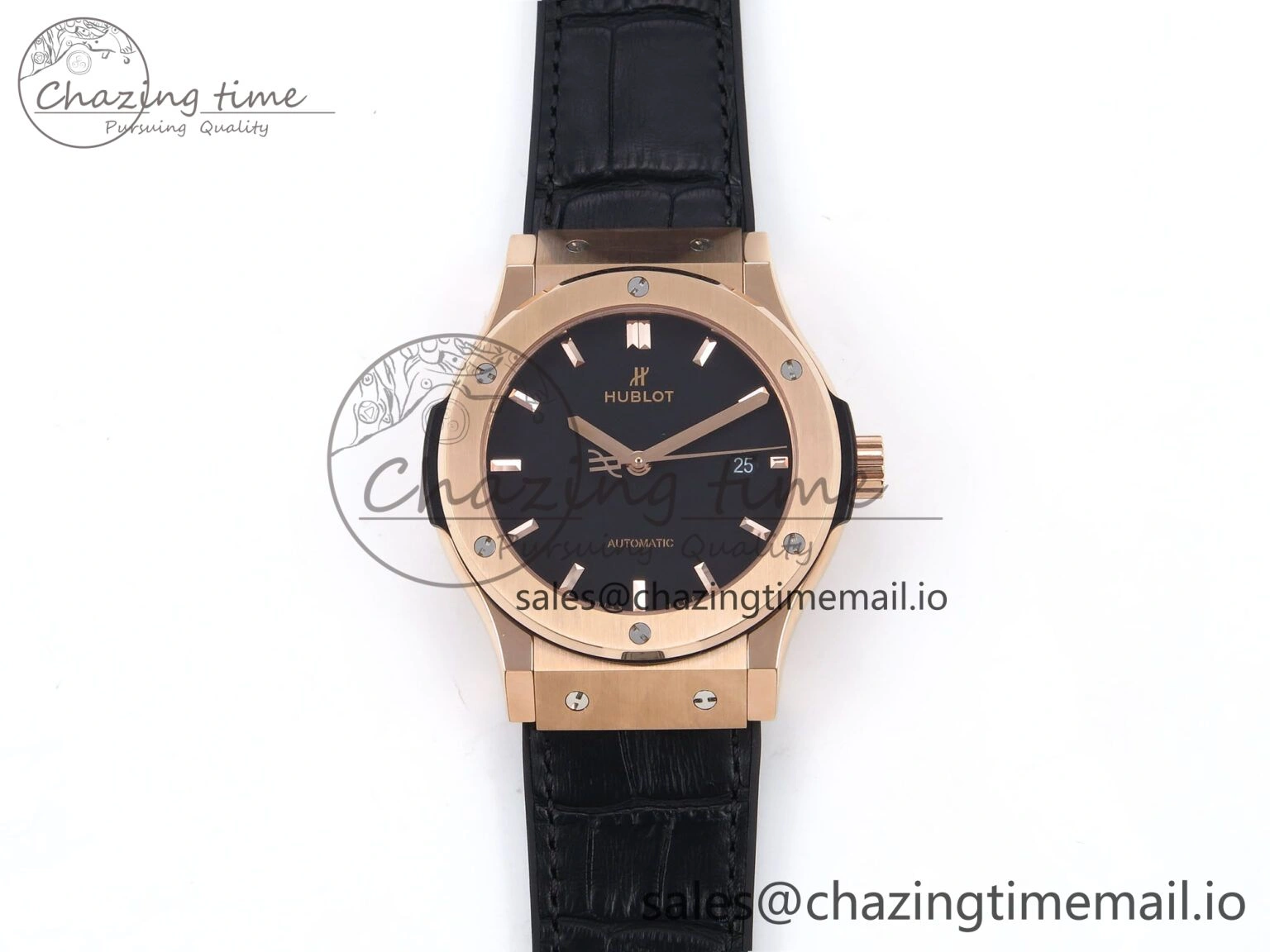 OnTrend Fusion 42mm RG JJF 1:1 Best Edition Black Dial on Black Gummy Leather Strap 6703