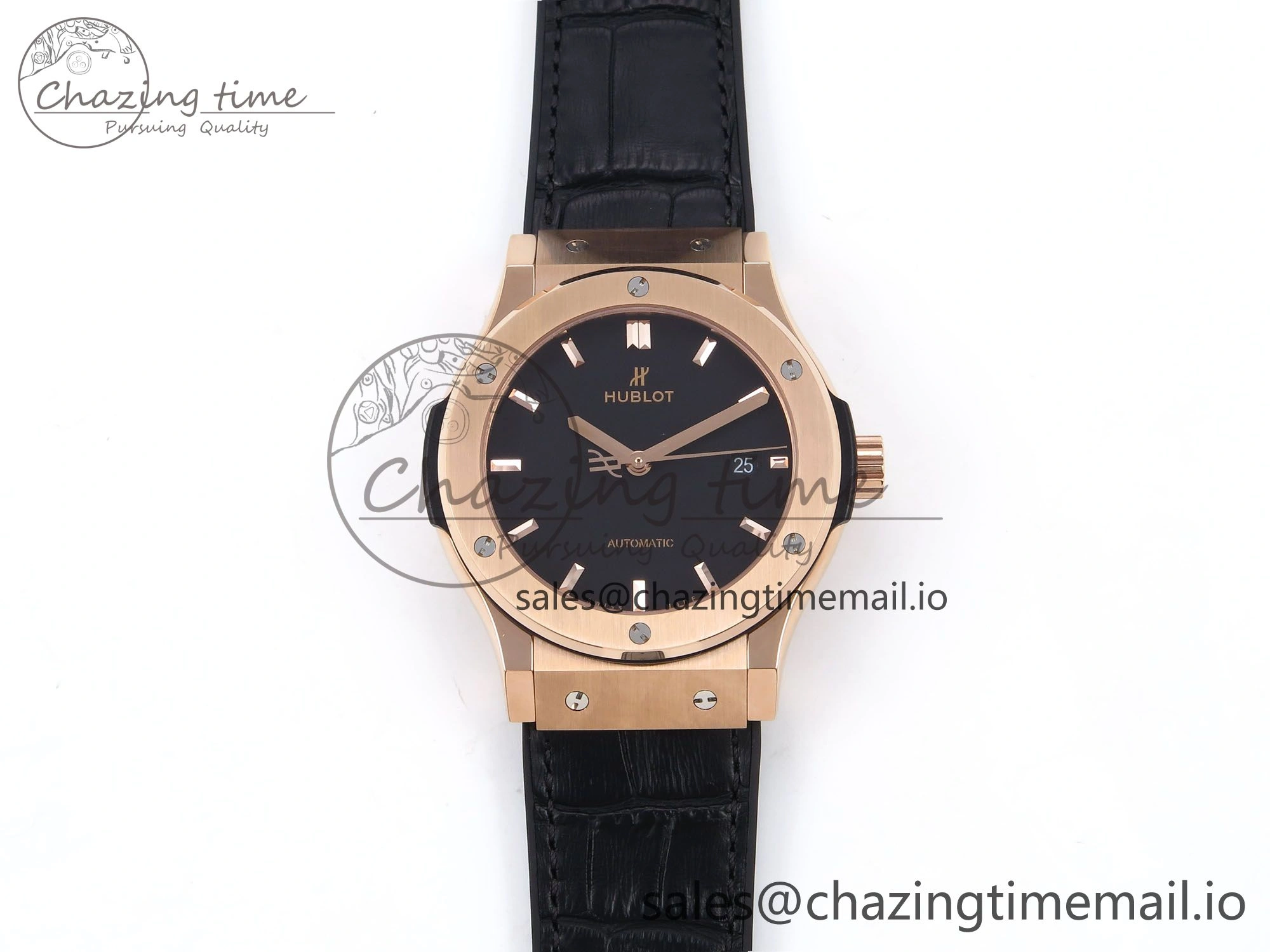 OnTrend Fusion 42mm RG JJF 1:1 Best Edition Black Dial on Black Gummy Leather Strap 6703
