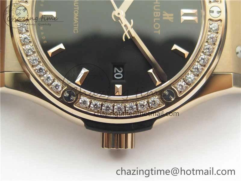 Compact Fusion 42mm RG Paved Diamonds Bezel B50F Black Dial On Gummy Strap A 6782