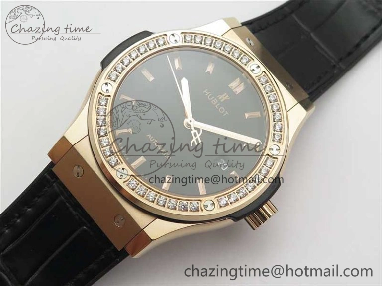 Compact Fusion 42mm RG Paved Diamonds Bezel B50F Black Dial On Gummy Strap A 6782