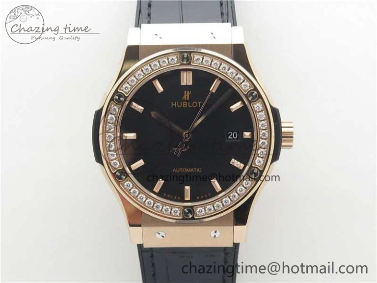 Compact Fusion 42mm RG Paved Diamonds Bezel B50F Black Dial On Gummy Strap A 6782