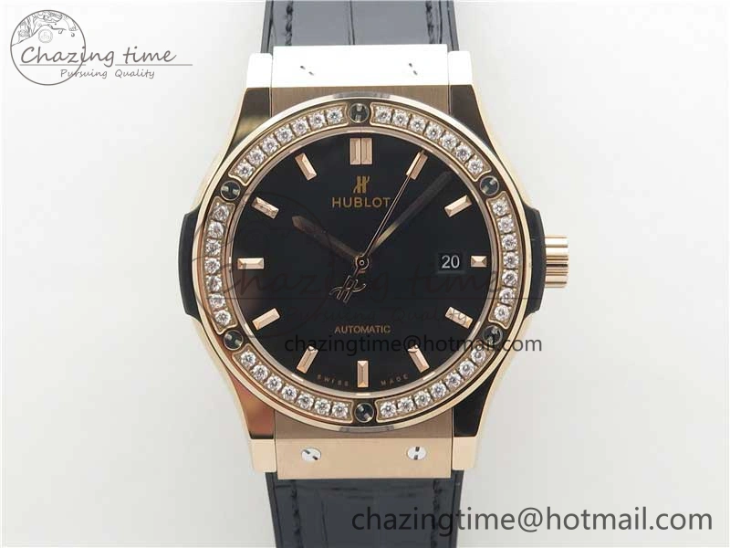Compact Fusion 42mm RG Paved Diamonds Bezel B50F Black Dial On Gummy Strap A 6782