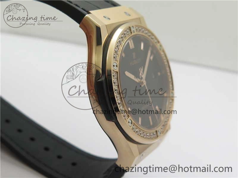 Compact Fusion 42mm RG Paved Diamonds Bezel B50F Black Dial On Gummy Strap A 6782