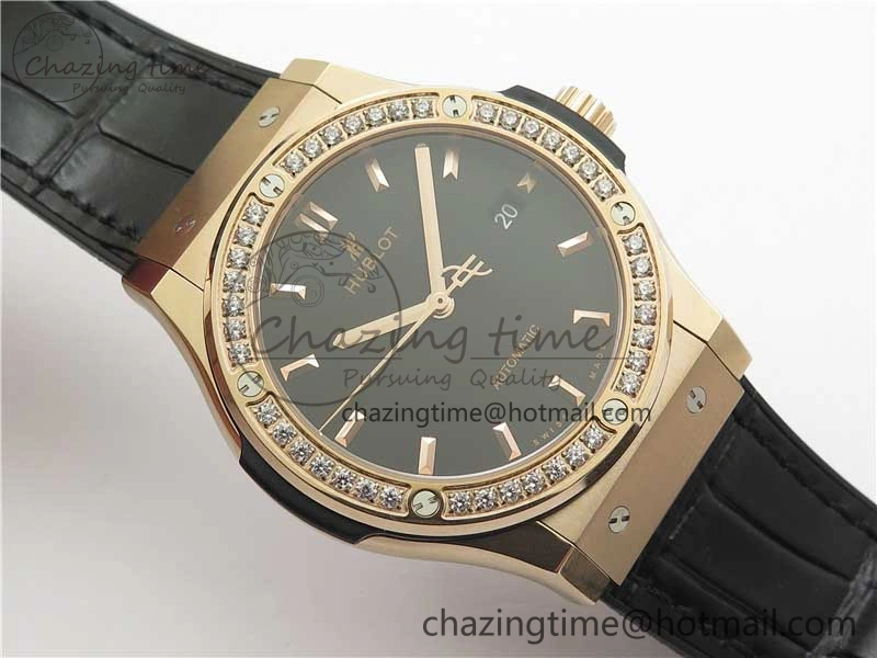 Compact Fusion 42mm RG Paved Diamonds Bezel B50F Black Dial On Gummy Strap A 6782